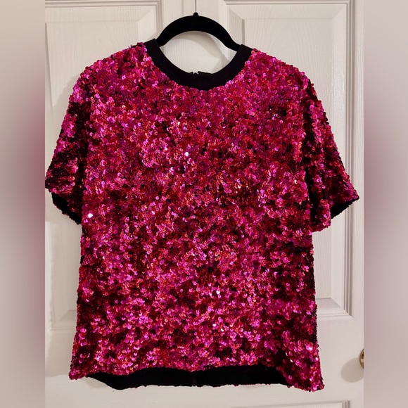 Ashish Designer Top - Short Sleeve Sequin Tee Hot Pink Fuchsia Red M Medium 6 8